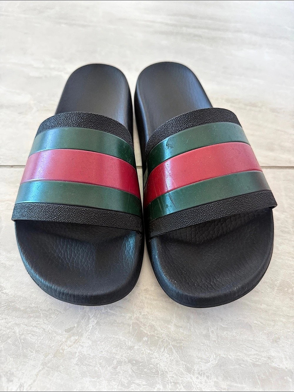 Gucci Web Rubber Slide Sandal Black & Green Sandals
